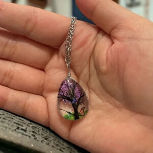 Resin Flower Pressed & Tree Tear Drop Pendant Charm Stainless Steel Necklace